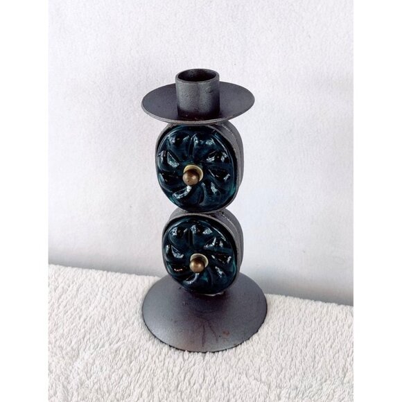 Candle Holder Stick Hand Blown Glass Forest Green Metal Gray India Boho Decor 7" - Picture 4 of 11